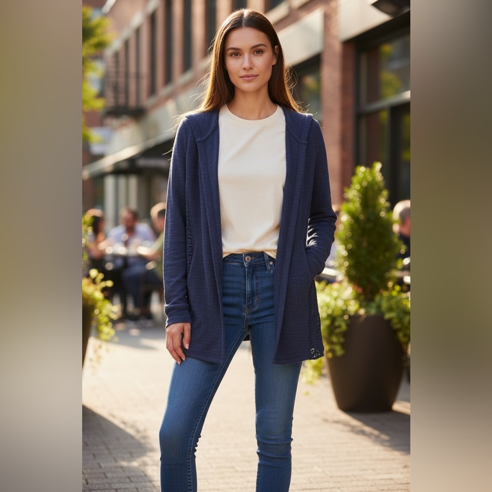 Lucky Brand long sweater cardigan hoodie with lace detail.
